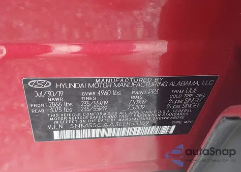 2020 Hyundai Santa Fe Limited 2.0T из США, поврежденный, VIN 5NMS5CAA3LH153169